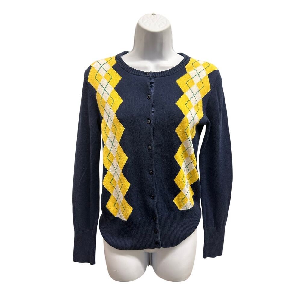 Gap Sweater Womens S Cardigan Button Argyle Diamond Nordic Navy Blue Yellow